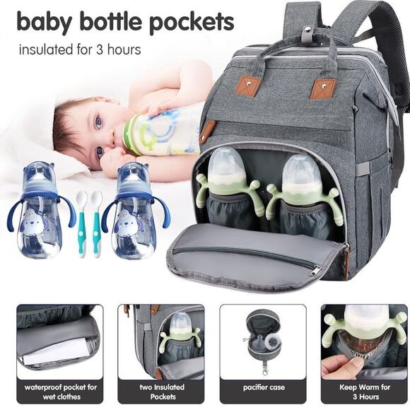 Diaper Bag Backpack Waterproof Large Capacity ChangingPad USB Charging Port Grey - Picture 8 of 10